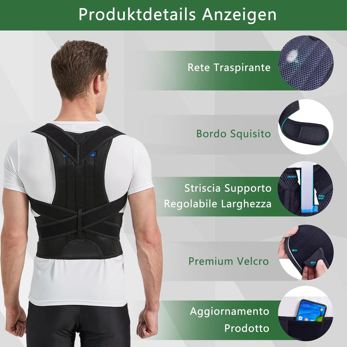 BraceTop Correttore Posturale Uomo Donna, Fascia Posturale Spalle e Schiena, Raddrizza Supporto Postura Regolabile Busto Dritta, Allevia Collo Schiena Lombare, Nero L
