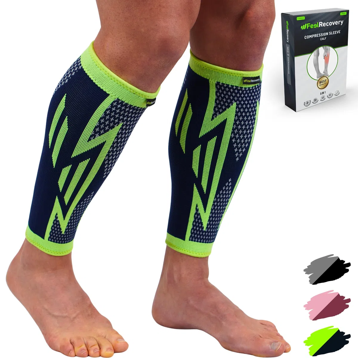Feel Recovery 2 Fasce a Compressione Polpaccio per Uomo e Donne - Calze a Compressione Graduata e Elastiche da Corsa, Sport, Running, Ciclismo - Traspiranti e Antiscivolo