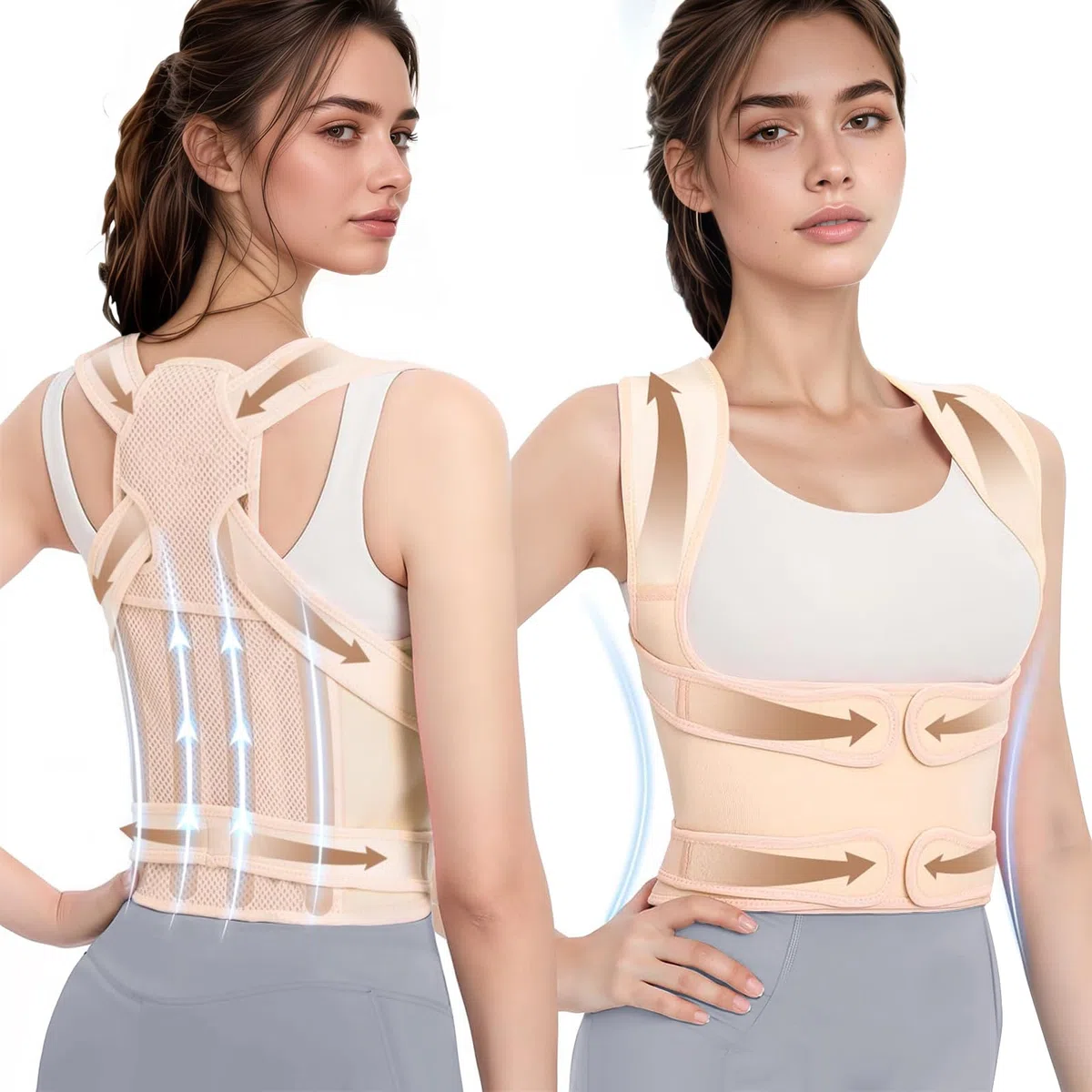 Correttore Posturale Regolabile, Fascia Posturale Spalle e Schiena Uomo e Donna, Lombare Traspirante e Regolabile per Alleviare I Dolori Della Parte Superiore, Migliorare la Postura(Beige, M)