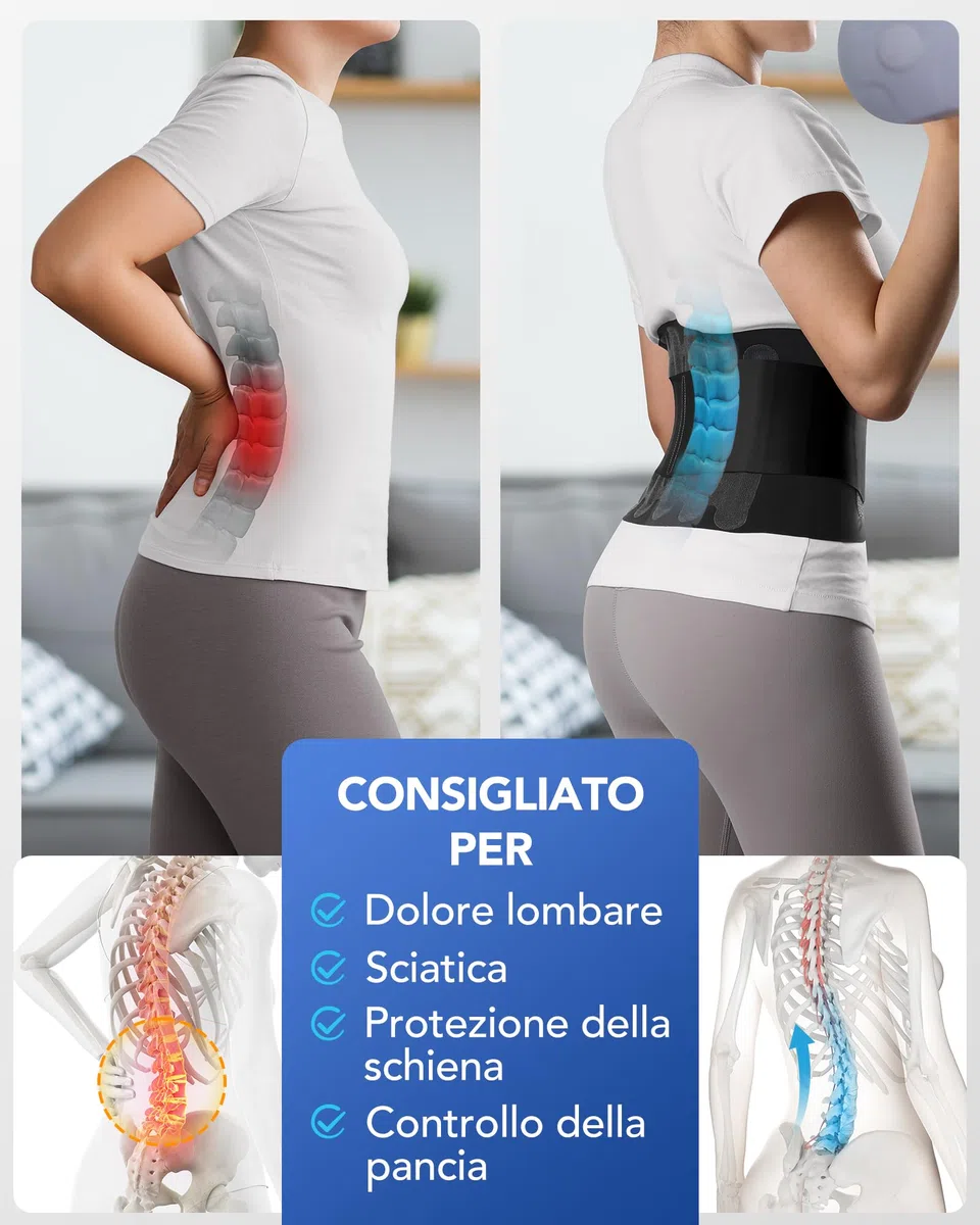 Fitomo Fascia Lombare Supporto Schiena con Cuscinetto 3D e 6 Stecche, Tessuto Ultra Fine da 0,5 mm, Senza Cuciture in un Unico Pezzo, Fascia Elastica Lombare Donna Uomo per Lavoro, Sciatica, Postura