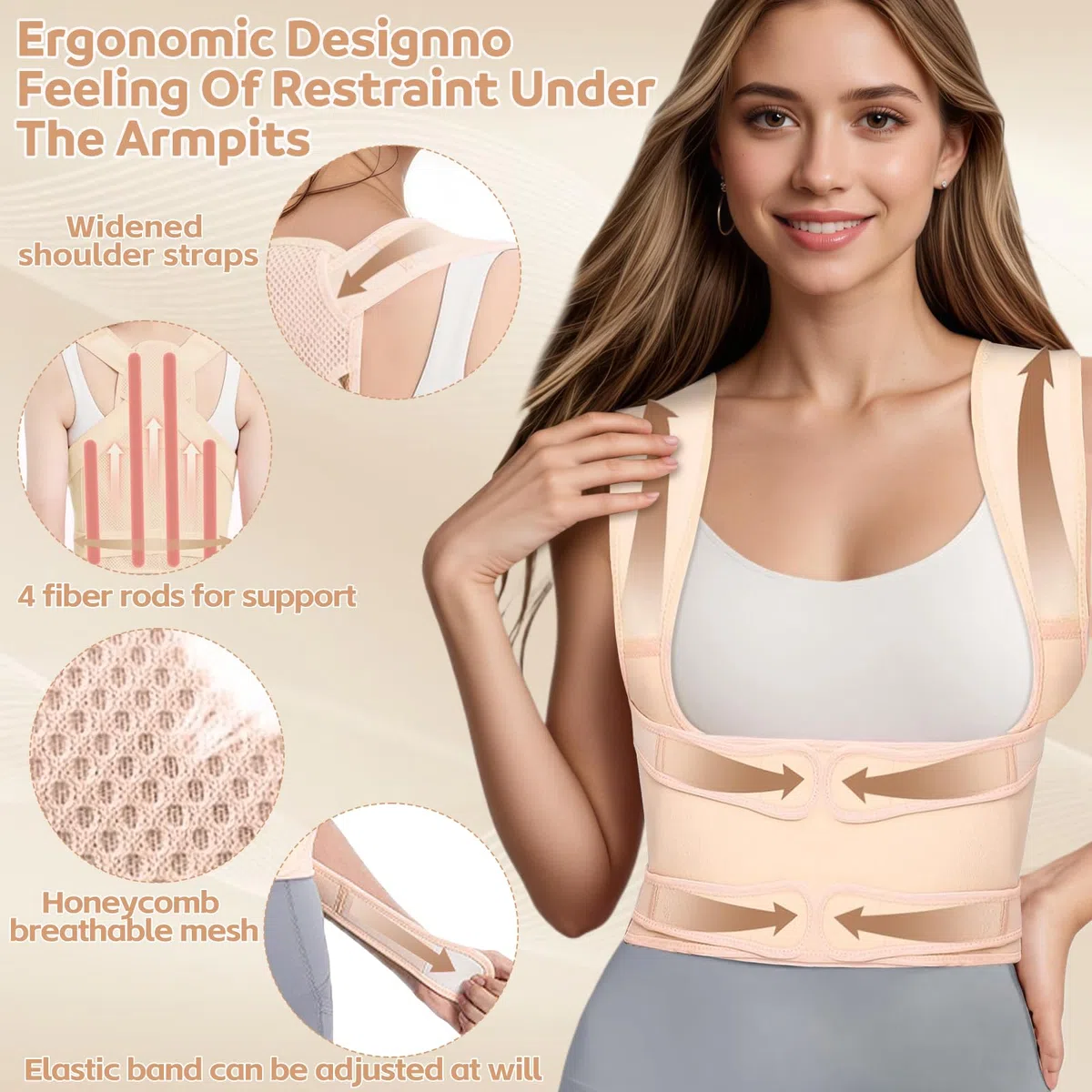Correttore Posturale Regolabile, Fascia Posturale Spalle e Schiena Uomo e Donna, Lombare Traspirante e Regolabile per Alleviare I Dolori Della Parte Superiore, Migliorare la Postura(Beige, M)