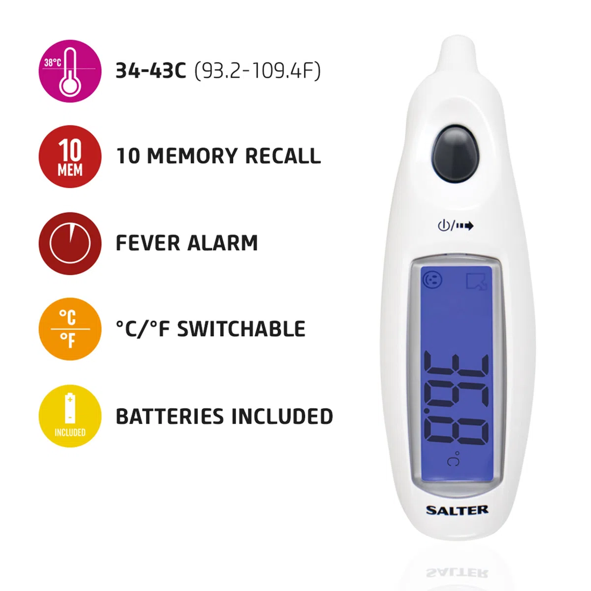 Salter TE-150-EU - Termometro auricolare displ. grande, misur. all'orecchio, allarme febbre, risult. in 1 secondo, grande displ. LCD, spegnim. aut., 10 richiami in mem., indic. batt. scarica, bianco