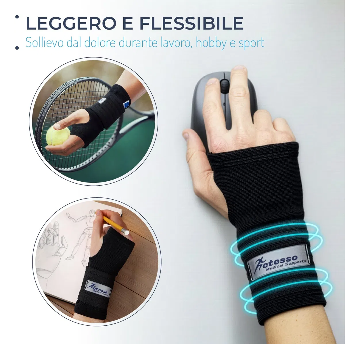 Actesso Tutore Polso Elastica con Cinturino - Supporto e Sollievo per Tendinite, Slogature, Tunnel Carpale e Lesioni Sportive - Ambidestra Fascia Polso (Nero, M)