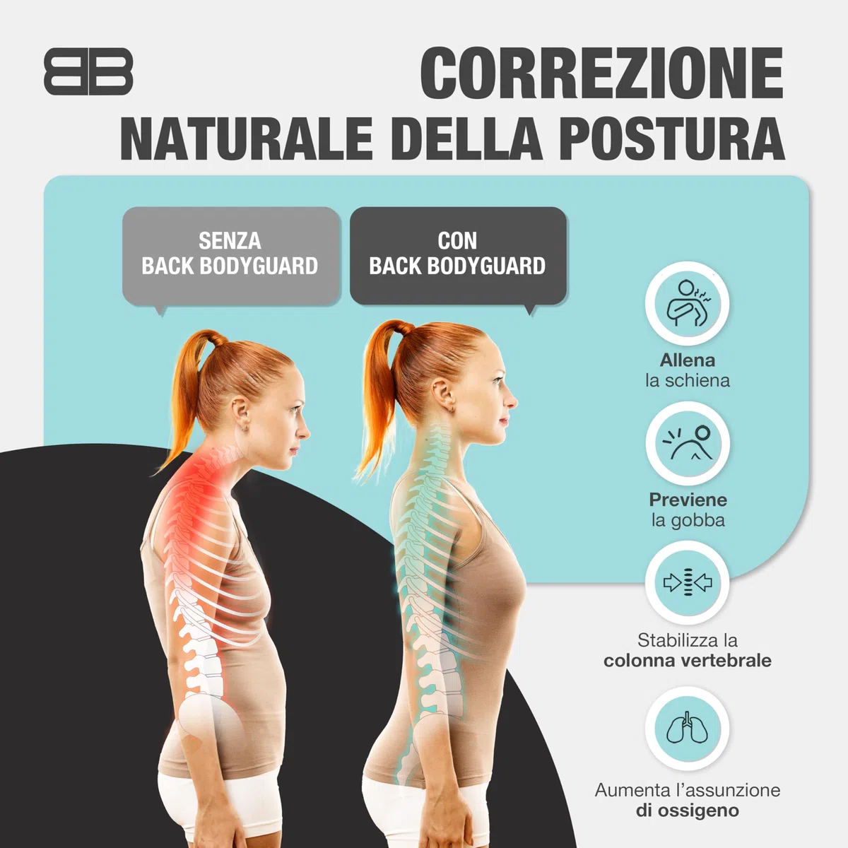 Back Bodyguard, tutore della postura, innovativo supporto dritto per una postura eretta, correzione della postura, schiena dritta, nero, M