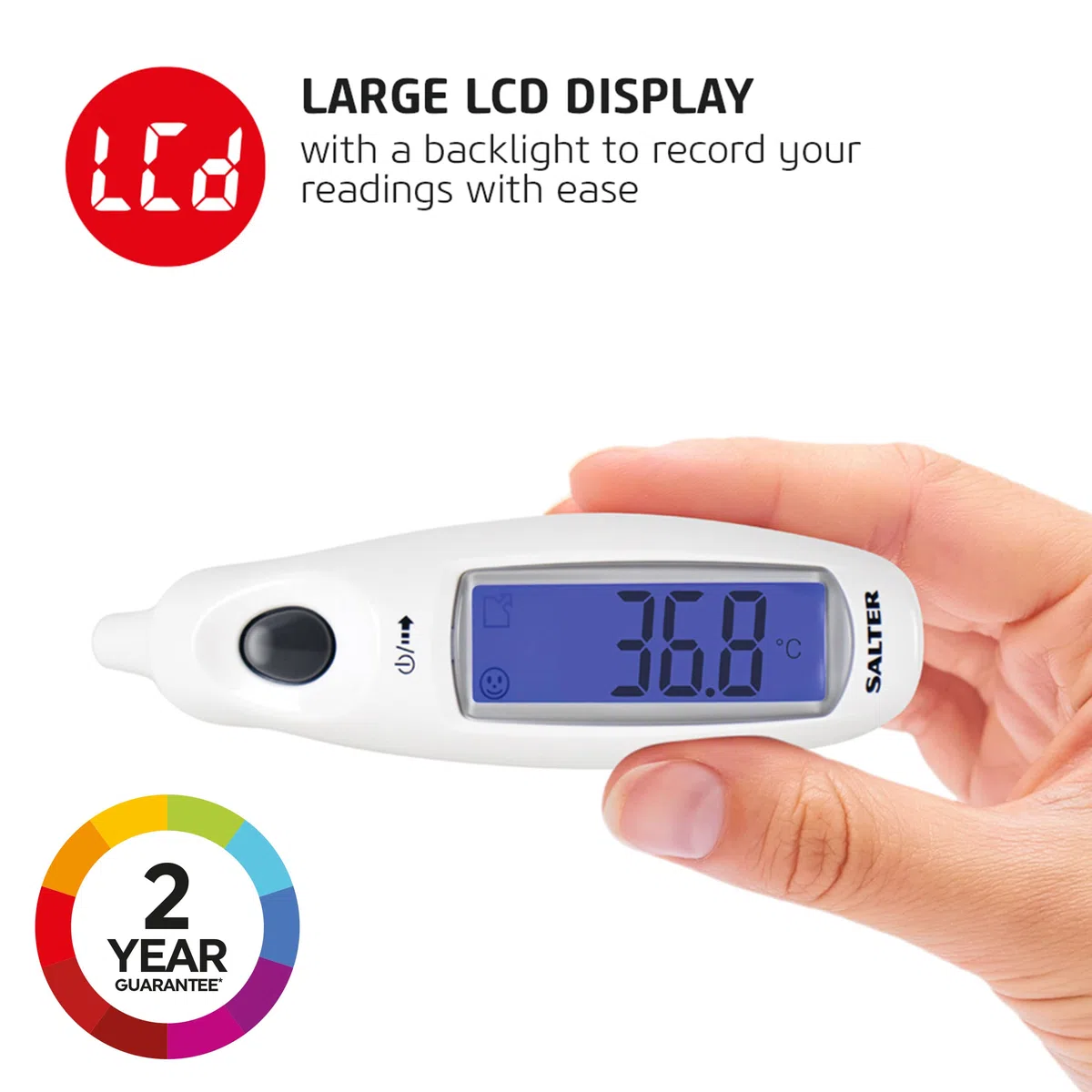 Salter TE-150-EU - Termometro auricolare displ. grande, misur. all'orecchio, allarme febbre, risult. in 1 secondo, grande displ. LCD, spegnim. aut., 10 richiami in mem., indic. batt. scarica, bianco