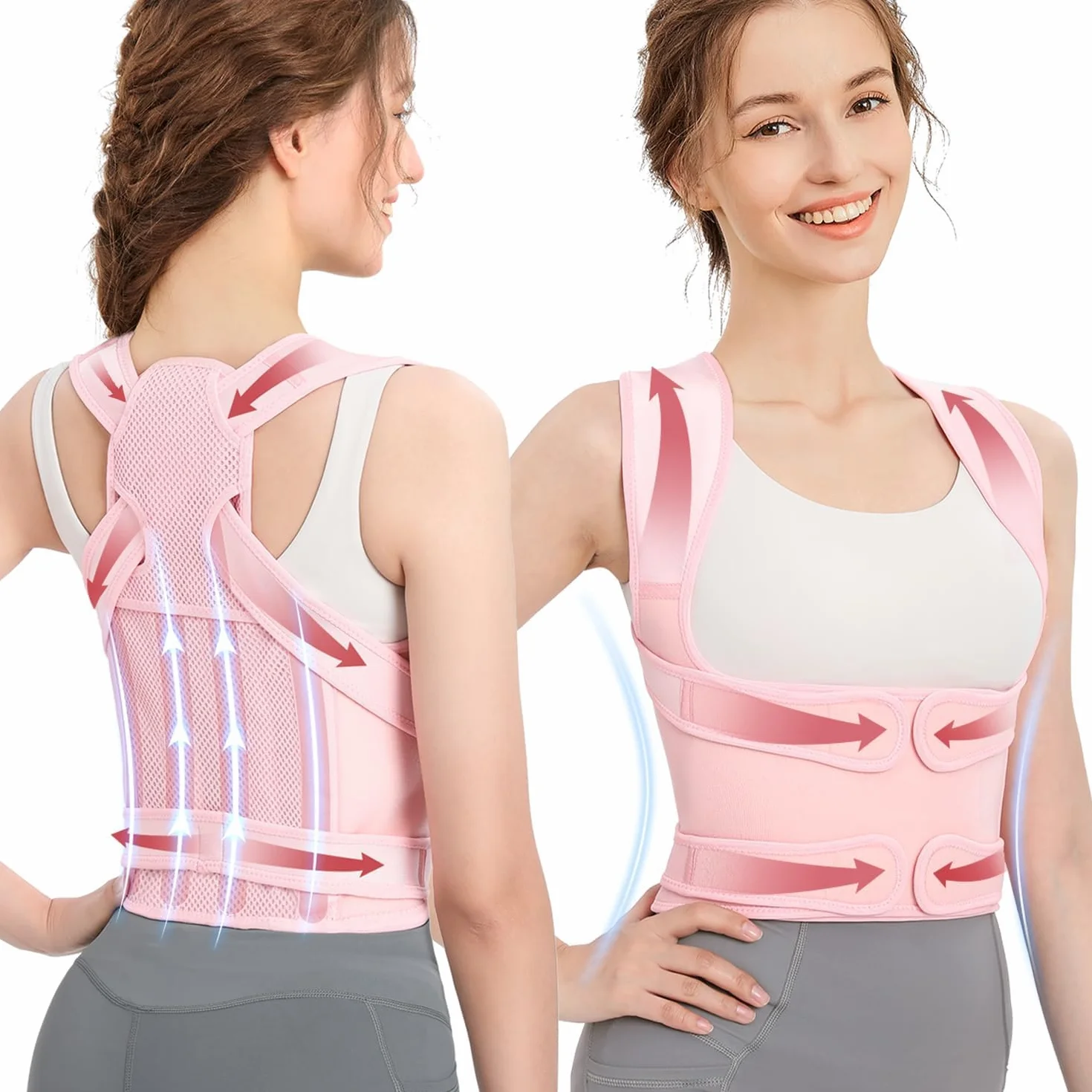 Correttore Posturale Spalle Schiena, Fascia Lombare Supporto Postura Uomo Donna, Cintura di correzione Della Postura Regolabile, Fascia Lombare Supporto Schiena (Rosa, M)