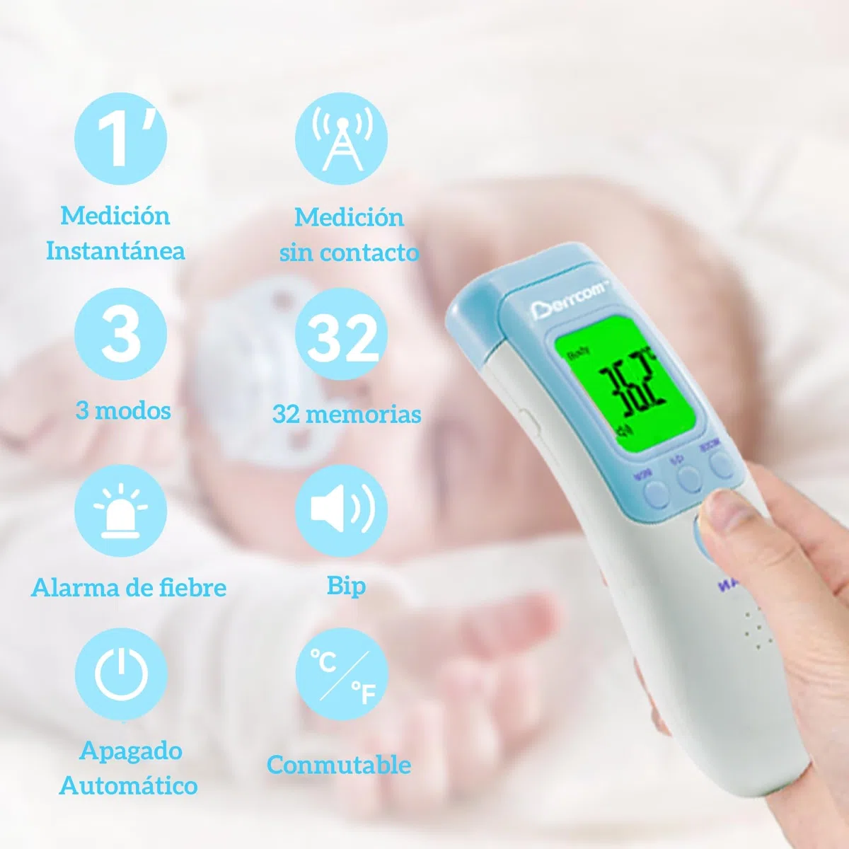 Berrcom Termometro Digital Termometro Frontale Infrarosso senza Contatto Termometro per Bambini, Termometri Medici con Schermo Retroilluminato a Tre Colori