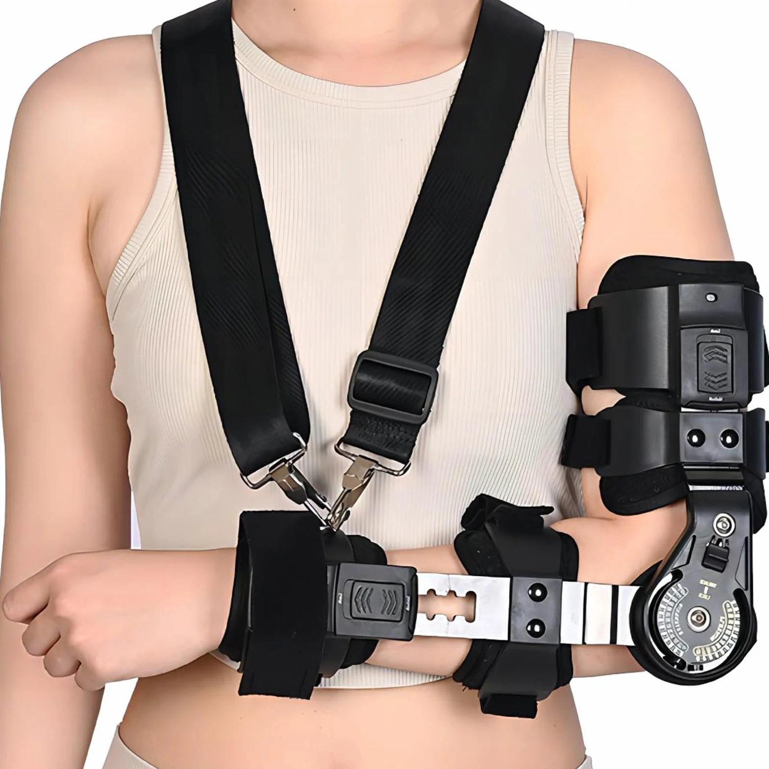 Tutore per Gomito Post-Operatorio con Cerniera, Angolo e Lunghezza Regolabili, Supporto per Gomito con Cinturino per Spalla per Recupero Post-Operatorio e Riabilitazione da Infortuni,Left