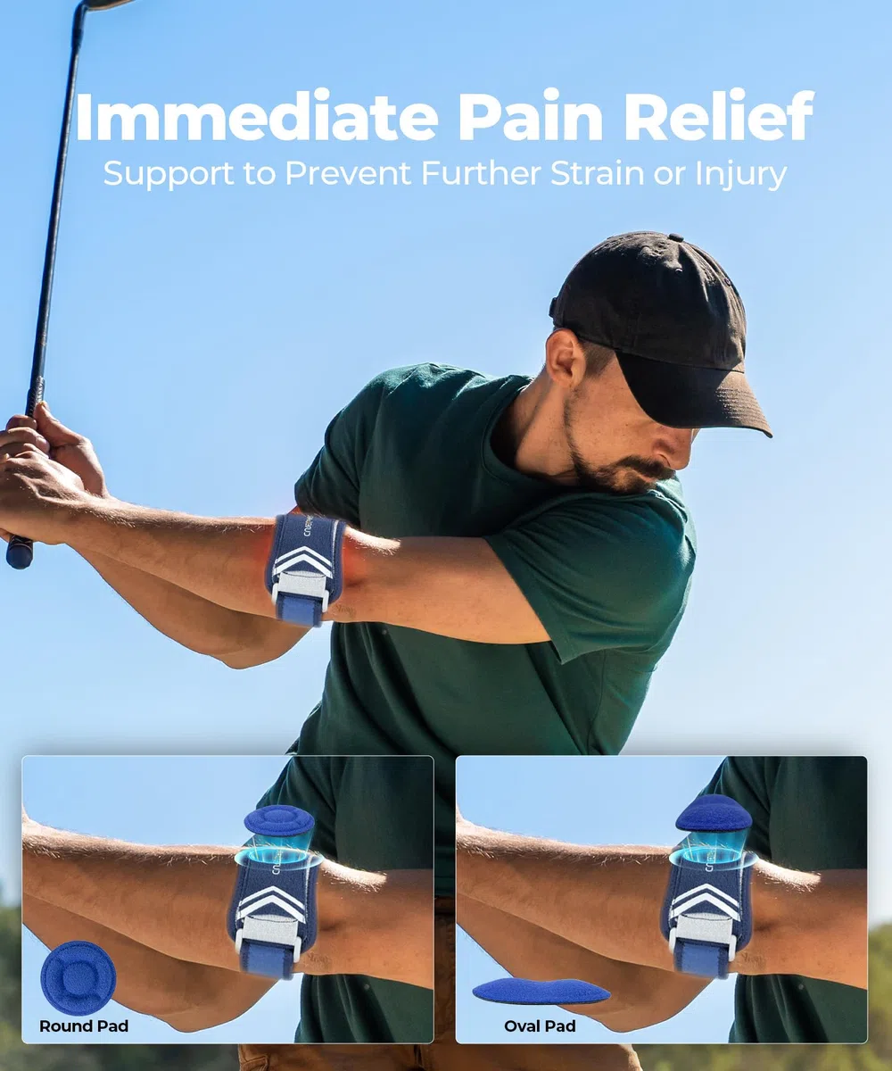 CURECARE Tutore Epicondilite Gomito - Gomitiera per Epicondilite Regolabile per Tennista e Golfista con 2 Cuscinetti Compressivi, Fascia Epicondilite Gomito per Allevia il Dolore da Tendinite, Blu