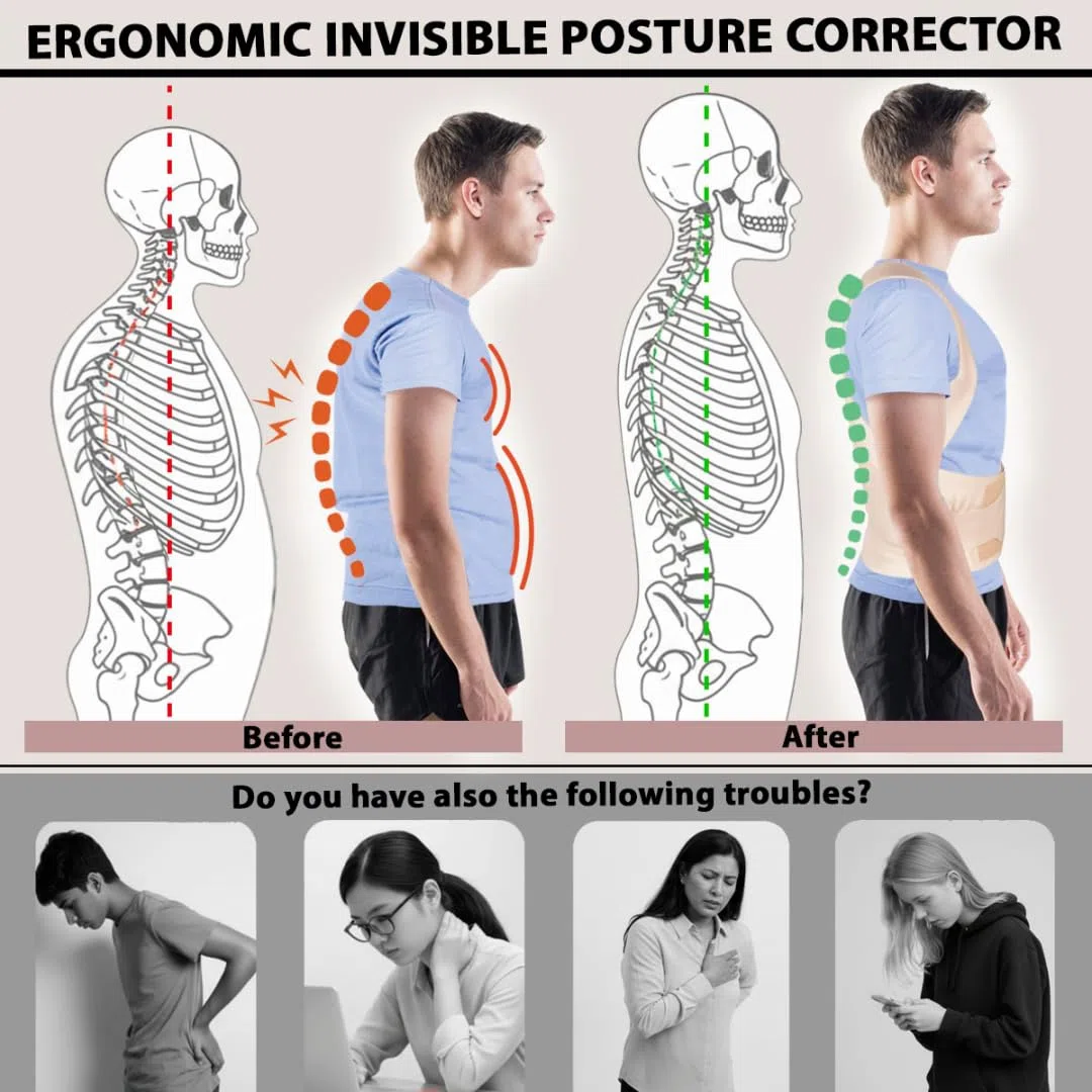 Secret - Correttore di postura Unisex | Fascia posturale spalle e schiena | Invisibile | Strisce regolabili | Raddrizza spalle | Migliora la postura istantanea