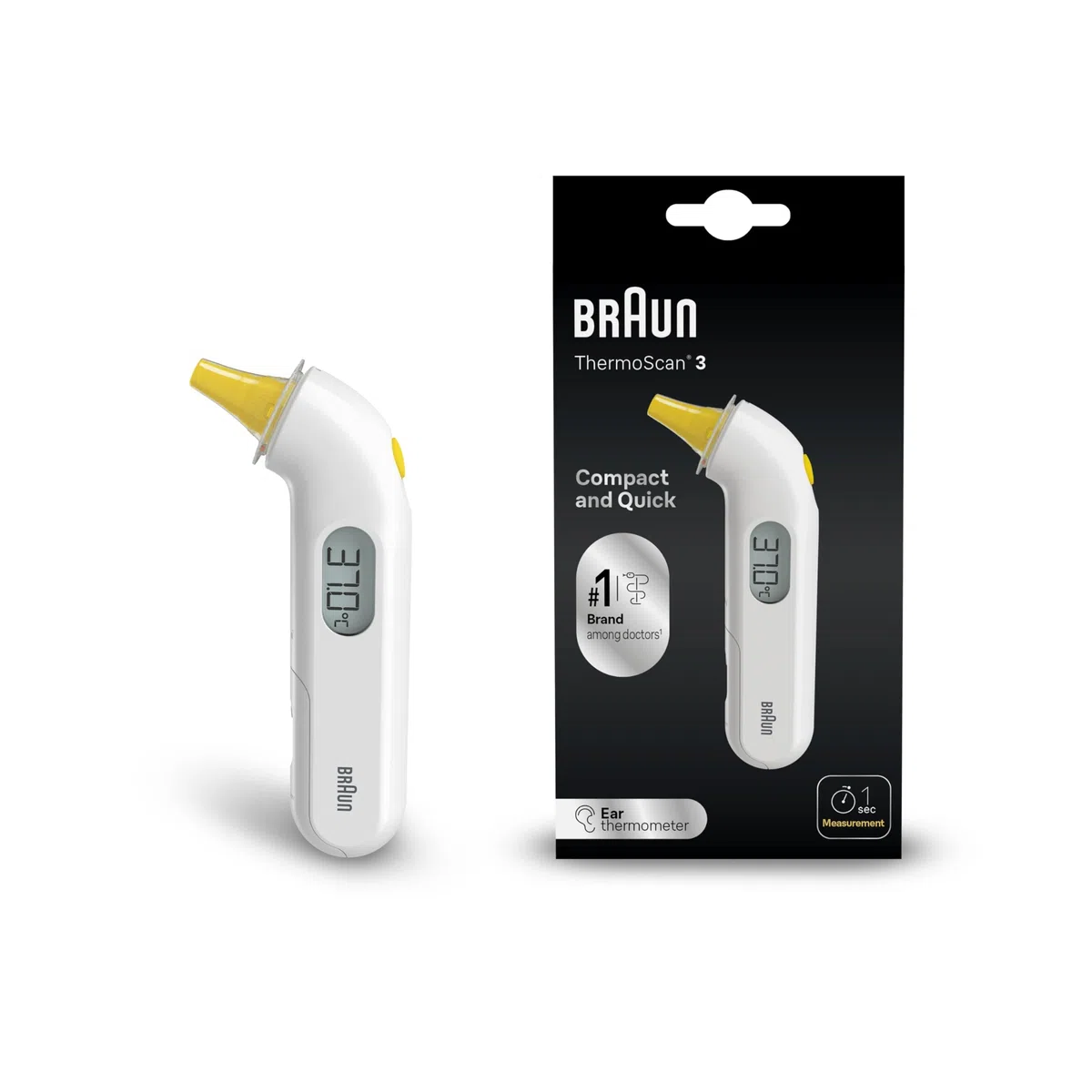 Braun ThermoScan 3 Termometro auricolare, Misurazione rapida di 1 secondo, Indicatore di febbre audio, Display digitale, Adatto a neonati e bambini, Marchio #1 tra i dottori 1, IRT3030