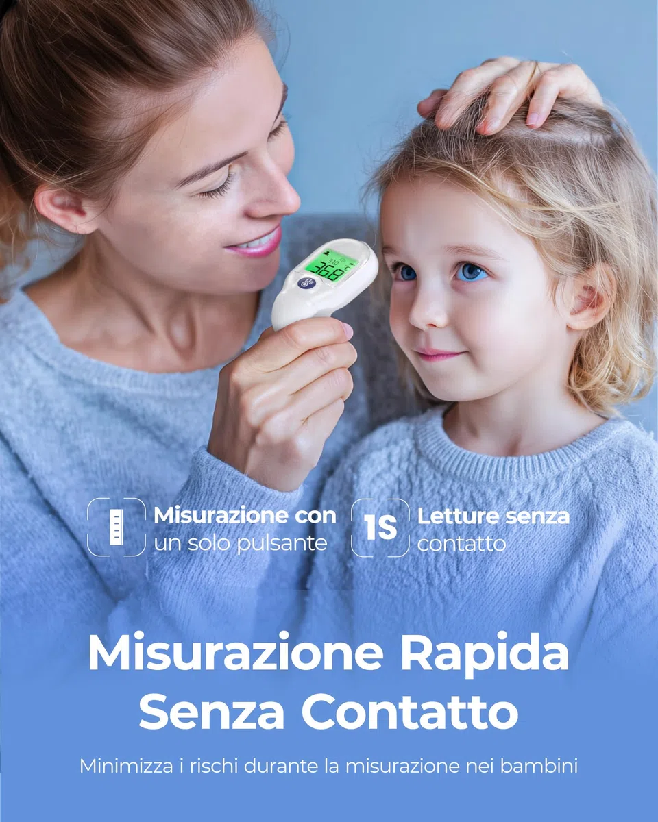 Femometer Termometro frontale per neonati, bambini e adulti, senza contatto, a infrarossi, misurazione in 1s, display a tre colori, temperatura oggetto e ambiente, portatile per viaggi, allarme febbre
