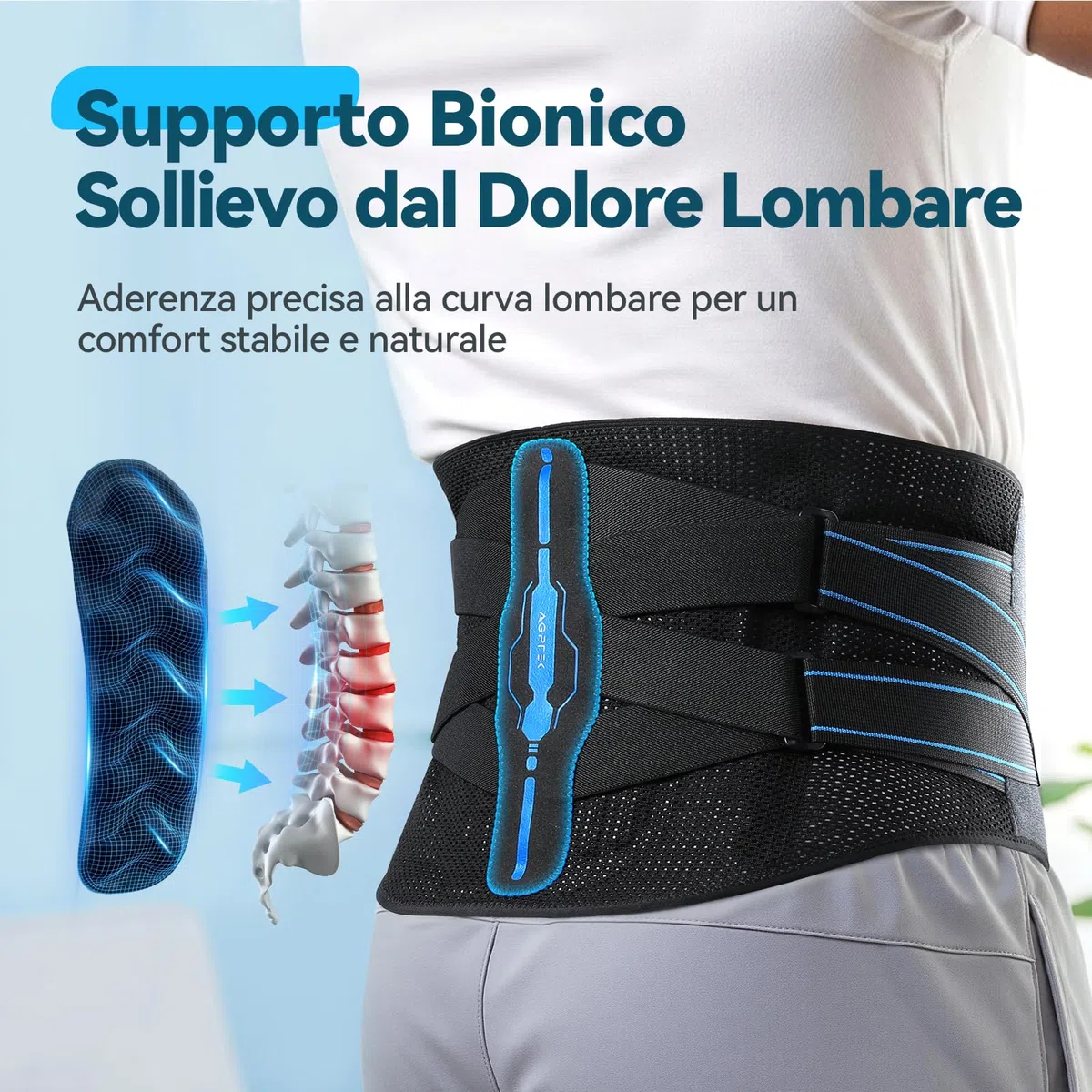 AGPTEK Fascia Lombare Supporto Schiena con Sostegno Bionico, Fascia per Schiena Traspirante in Tessuto a Rete, Sollievo dal Dolore, Stecche Multiple, Regolabile per Uomo e Donna, M