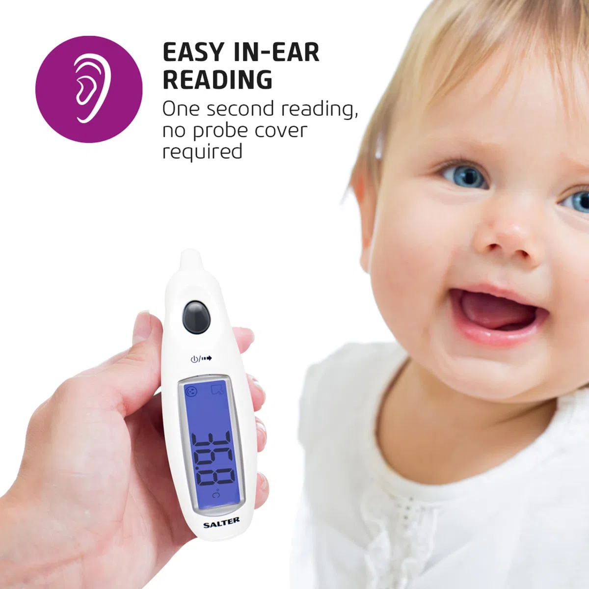 Salter TE-150-EU - Termometro auricolare displ. grande, misur. all'orecchio, allarme febbre, risult. in 1 secondo, grande displ. LCD, spegnim. aut., 10 richiami in mem., indic. batt. scarica, bianco