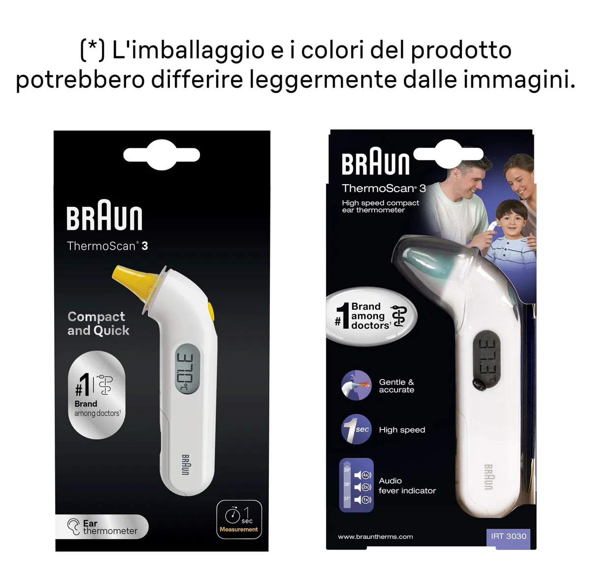 Braun ThermoScan 3 Termometro auricolare, Misurazione rapida di 1 secondo, Indicatore di febbre audio, Display digitale, Adatto a neonati e bambini, Marchio #1 tra i dottori 1, IRT3030