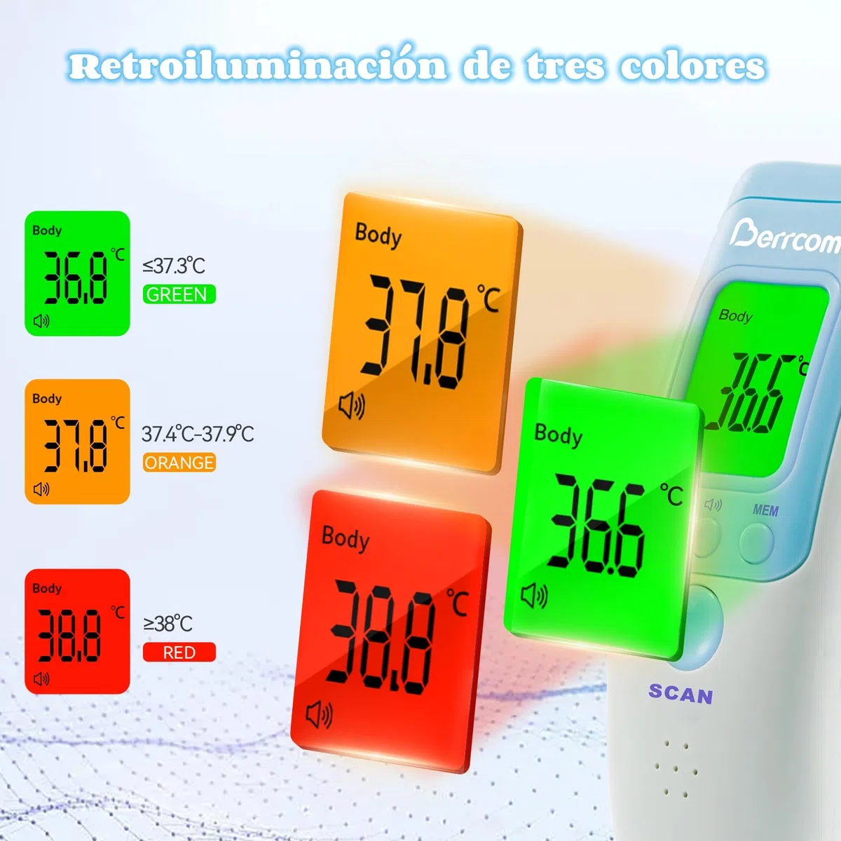 Berrcom Termometro Digital Termometro Frontale Infrarosso senza Contatto Termometro per Bambini, Termometri Medici con Schermo Retroilluminato a Tre Colori