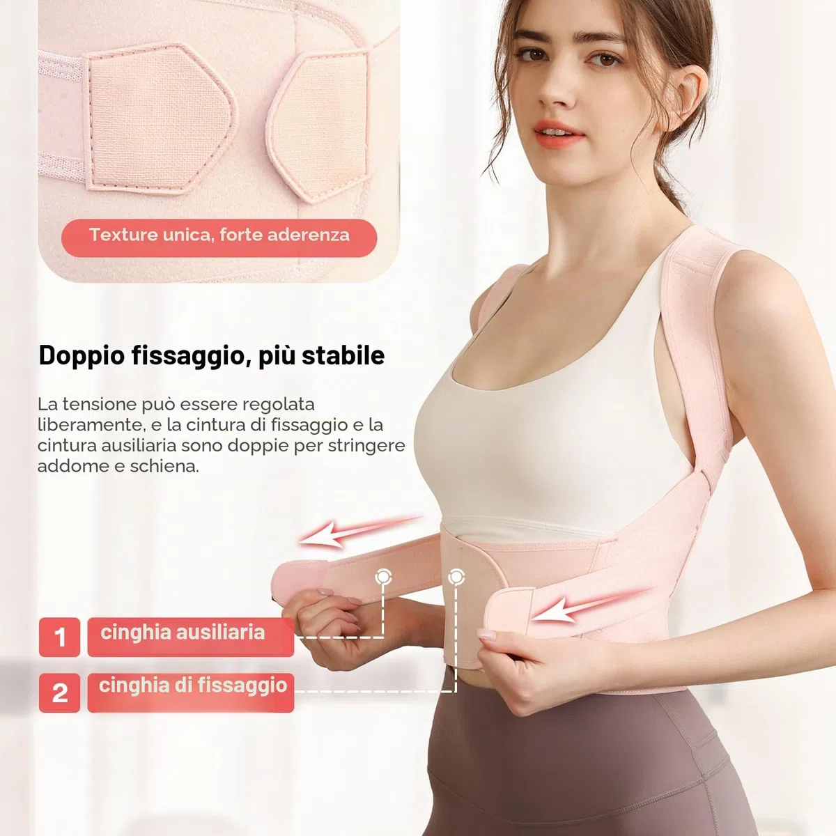 Cintura regolabile per la postura della schiena, correttore di postura per donne e uomini, allevia il dolore al collo e alle spalle (Rosa, L)