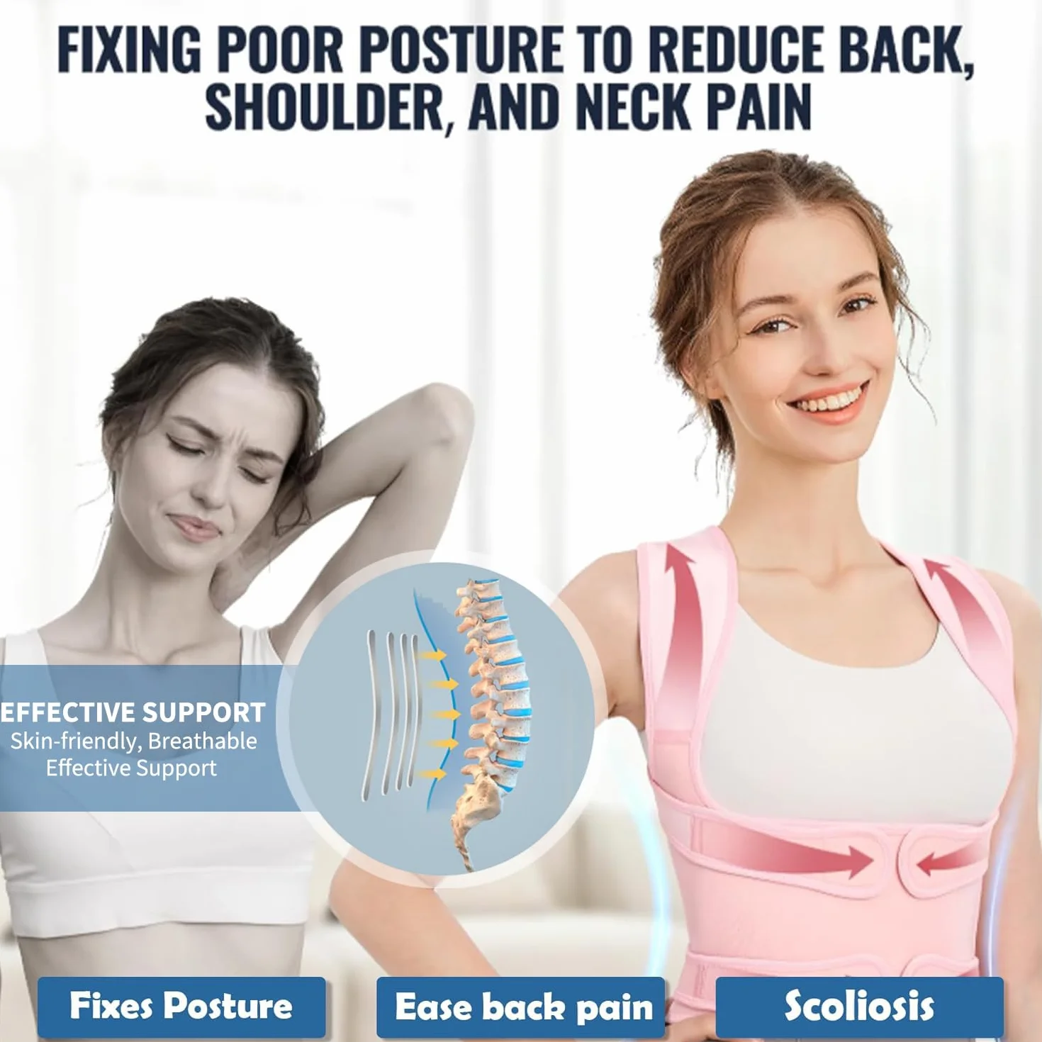 Correttore Posturale Spalle Schiena, Fascia Lombare Supporto Postura Uomo Donna, Cintura di correzione Della Postura Regolabile, Fascia Lombare Supporto Schiena (Rosa, M)