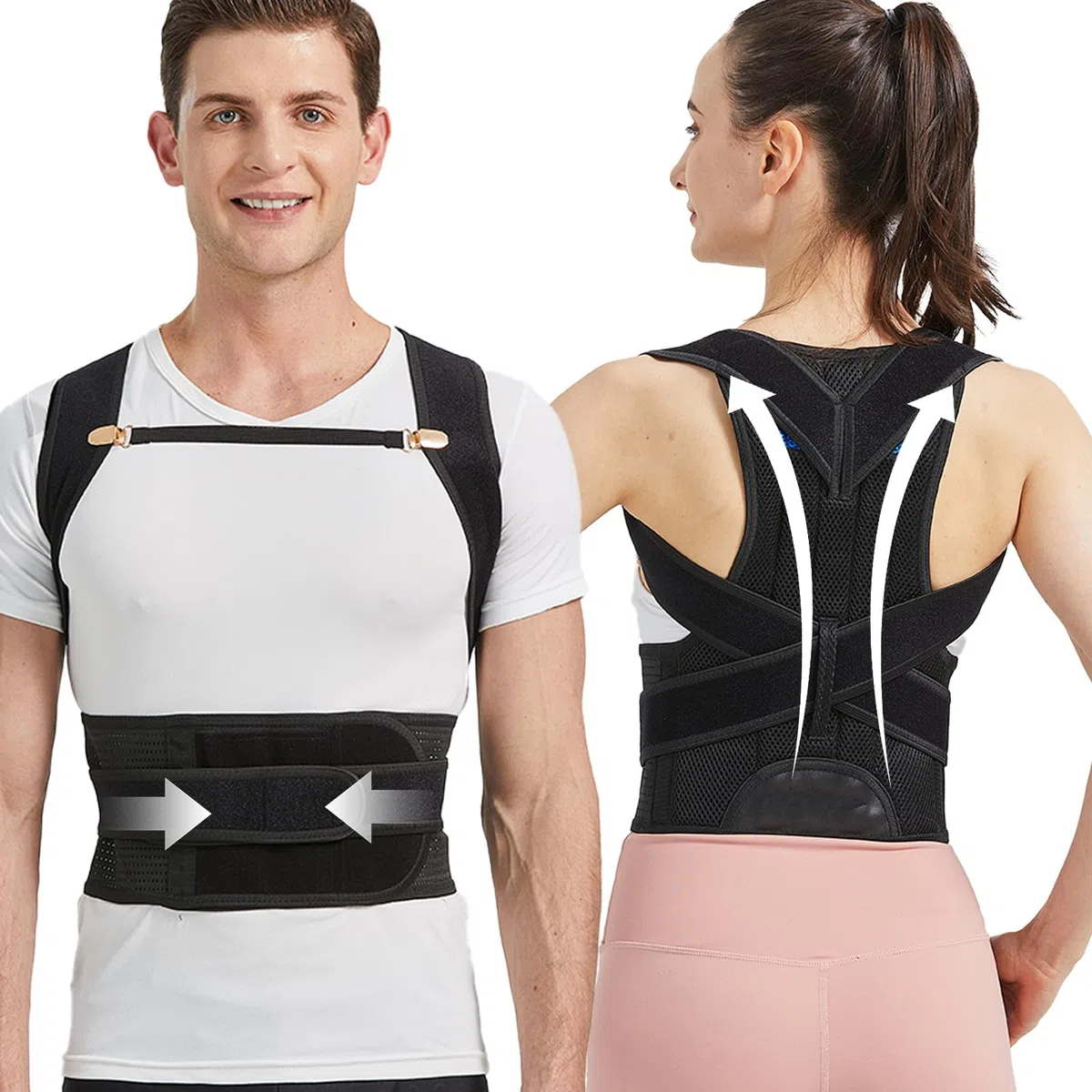 BraceTop Correttore Posturale Uomo Donna, Fascia Posturale Spalle e Schiena, Raddrizza Supporto Postura Regolabile Busto Dritta, Allevia Collo Schiena Lombare, Nero L