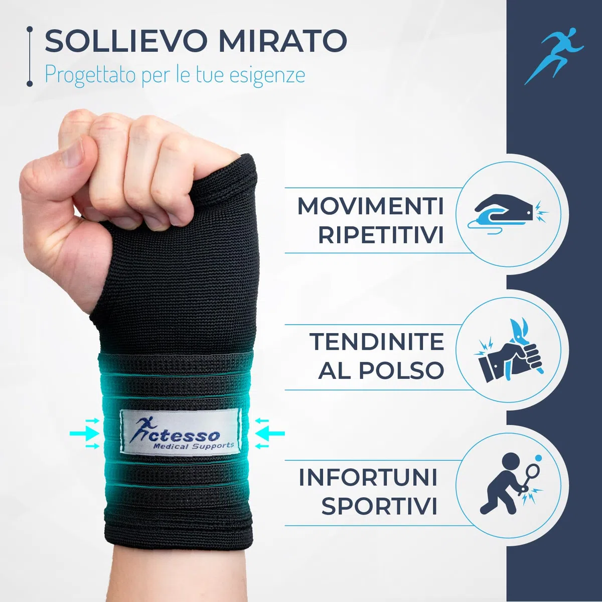 Actesso Tutore Polso Elastica con Cinturino - Supporto e Sollievo per Tendinite, Slogature, Tunnel Carpale e Lesioni Sportive - Ambidestra Fascia Polso (Nero, M)