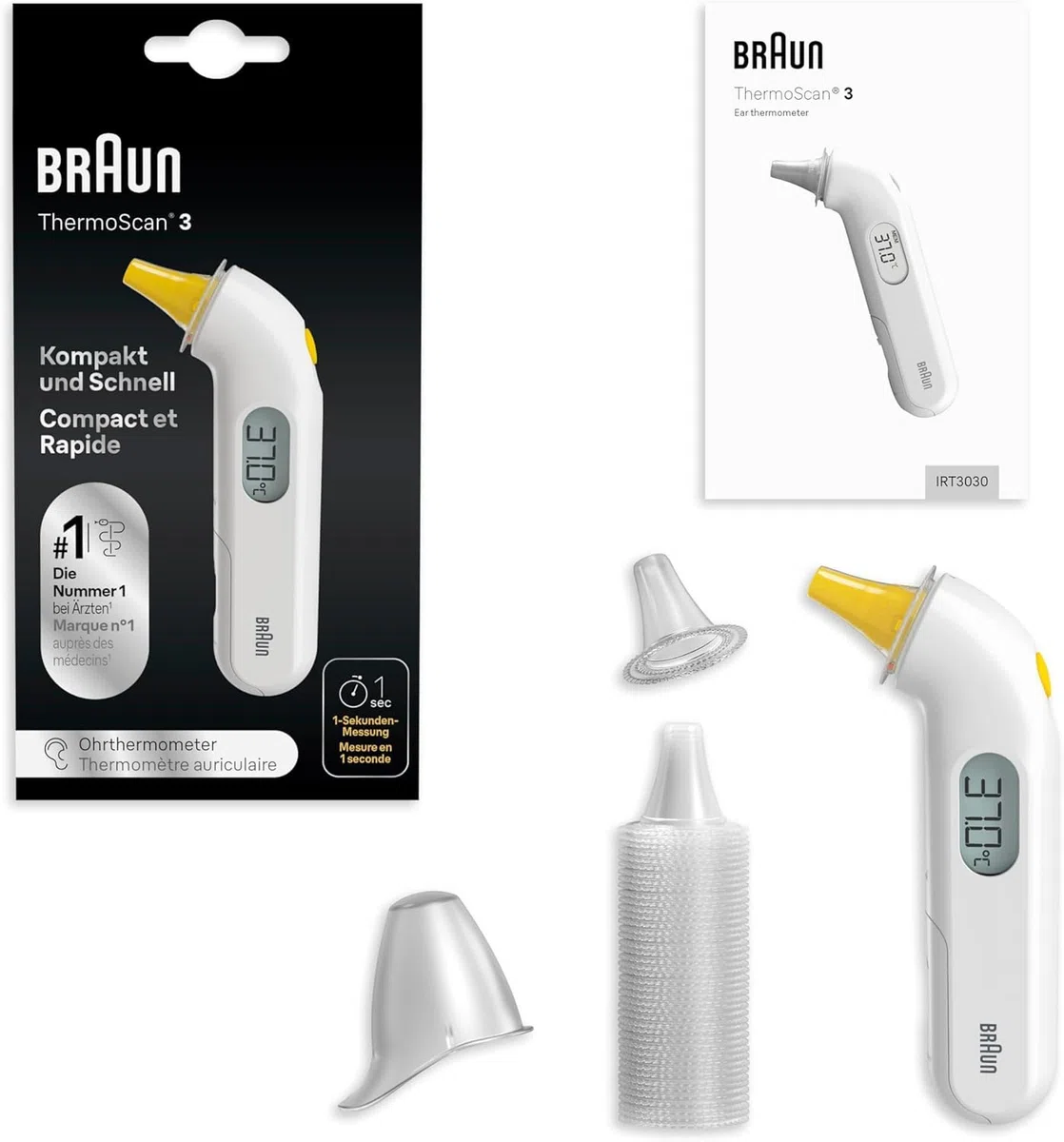 Braun ThermoScan 3 Termometro auricolare, Misurazione rapida di 1 secondo, Indicatore di febbre audio, Display digitale, Adatto a neonati e bambini, Marchio #1 tra i dottori 1, IRT3030