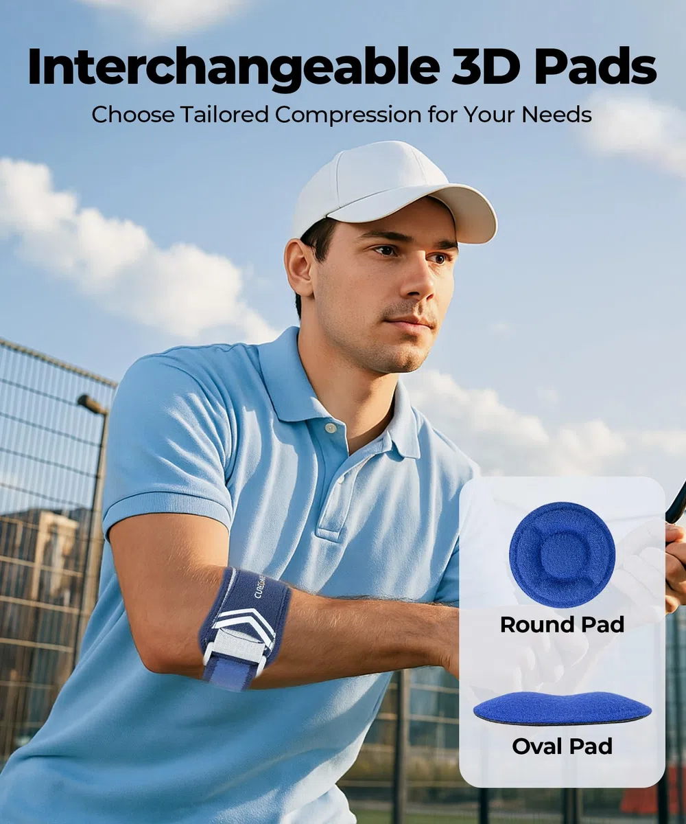 CURECARE Tutore Epicondilite Gomito - Gomitiera per Epicondilite Regolabile per Tennista e Golfista con 2 Cuscinetti Compressivi, Fascia Epicondilite Gomito per Allevia il Dolore da Tendinite, Blu