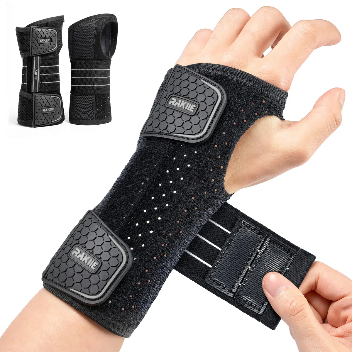 Rakiie 2 Tutori per Polso per Tunnel Carpale, Supporto Notturno Regolabile con 3 Stecche Metalliche, Senza Pressione sul Pollice, Unisex per Mano Destra/Sinistra, Grigio Taglia M