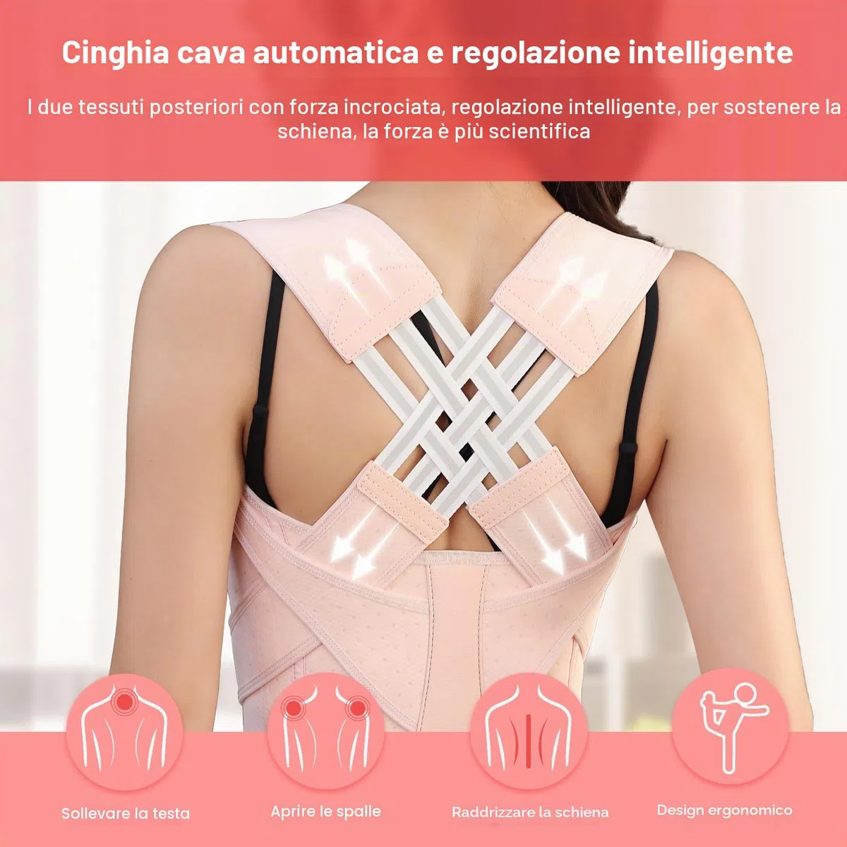 Cintura regolabile per la postura della schiena, correttore di postura per donne e uomini, allevia il dolore al collo e alle spalle (Rosa, L)