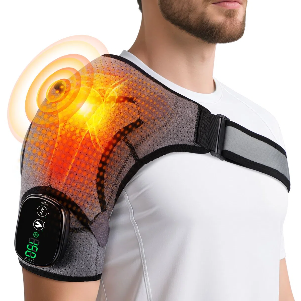 Cuscinetto Termico Senza Fili Per Massaggio Alla Spalla, Tutore Riscaldabile Con 3 Livelli Di Calore E Vibrazione, Schermo Touch E Batteria 5000mah, Adatto A Spalla Sinistra/Destra (Grigio)