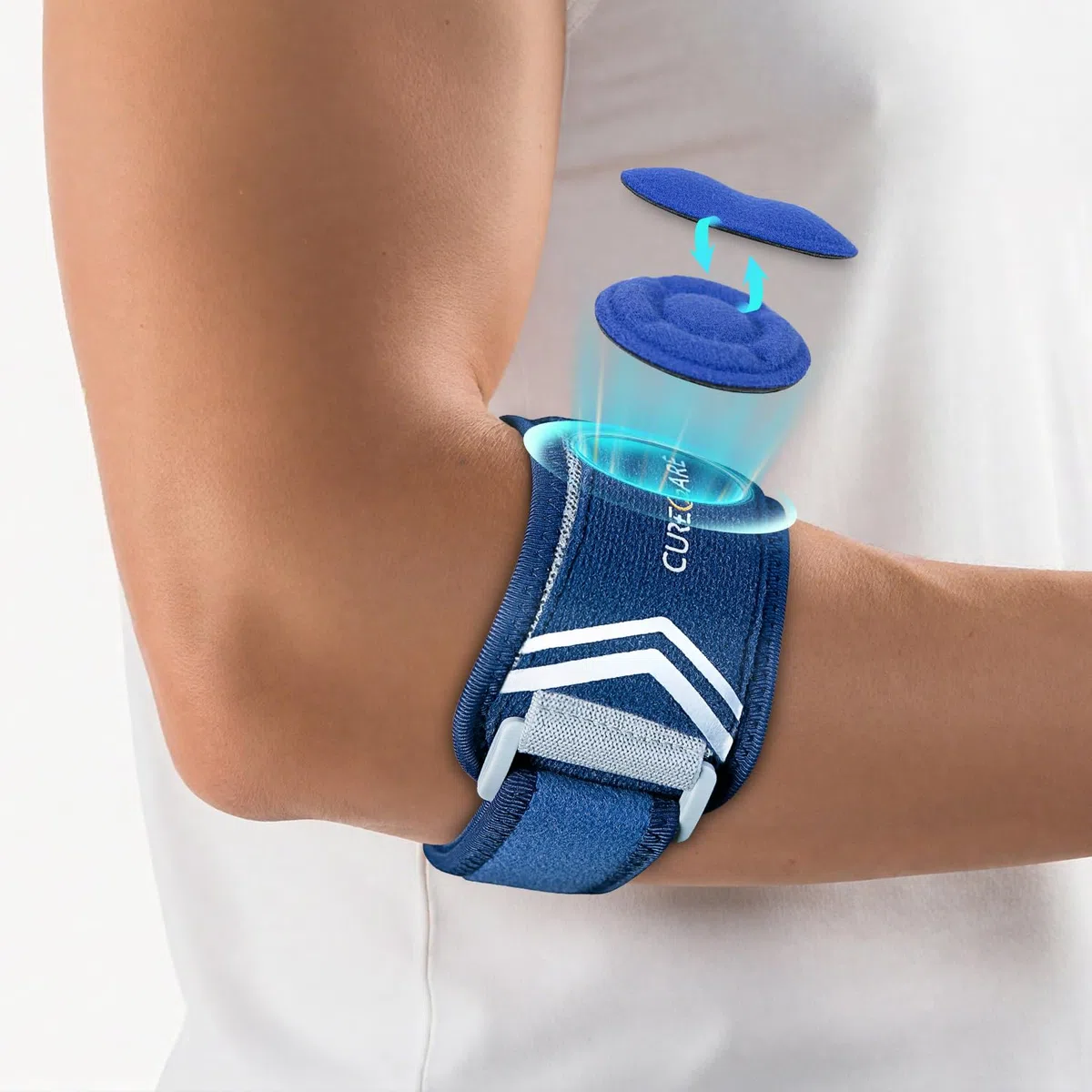 CURECARE Tutore Epicondilite Gomito - Gomitiera per Epicondilite Regolabile per Tennista e Golfista con 2 Cuscinetti Compressivi, Fascia Epicondilite Gomito per Allevia il Dolore da Tendinite, Blu