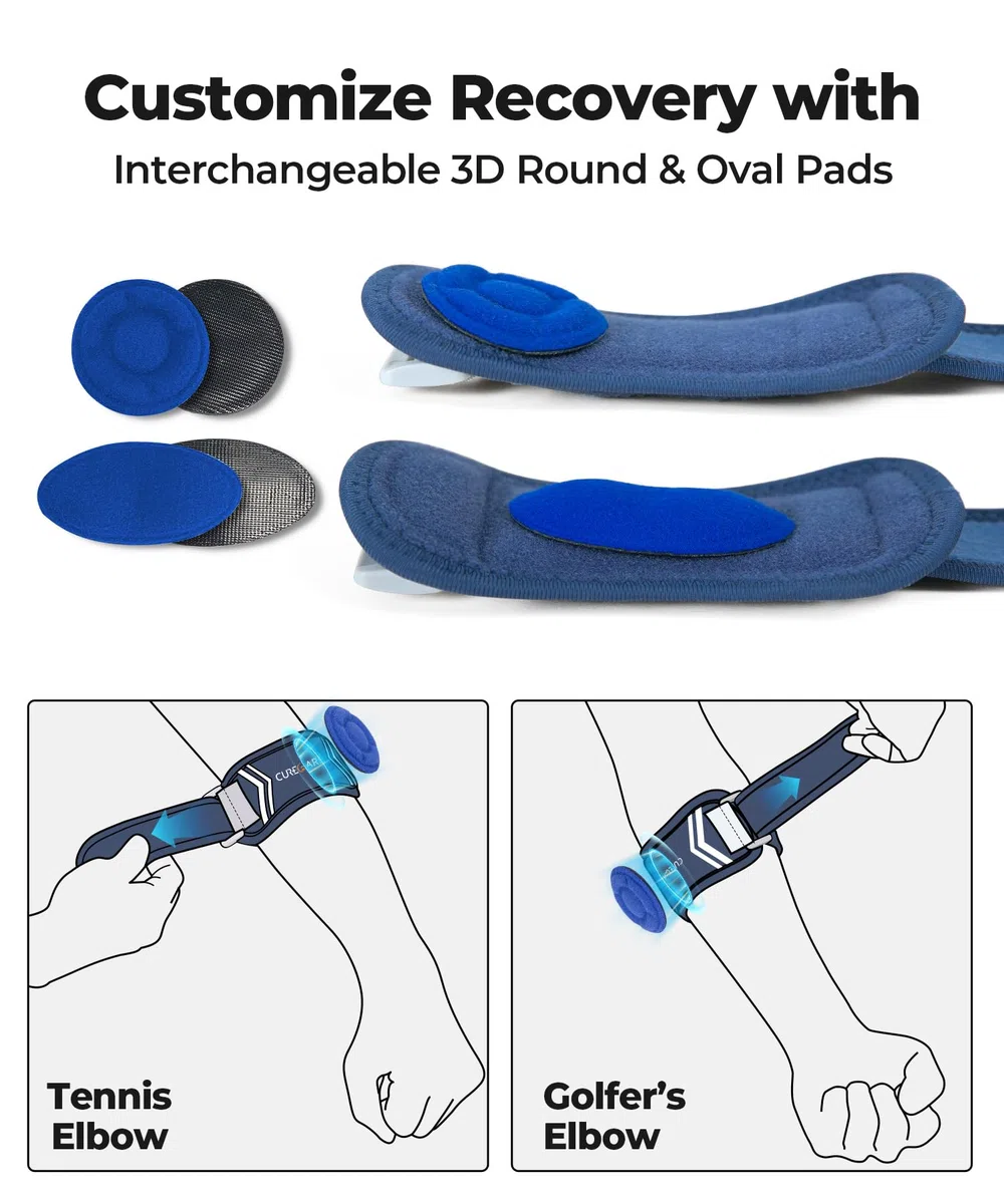 CURECARE Tutore Epicondilite Gomito - Gomitiera per Epicondilite Regolabile per Tennista e Golfista con 2 Cuscinetti Compressivi, Fascia Epicondilite Gomito per Allevia il Dolore da Tendinite, Blu