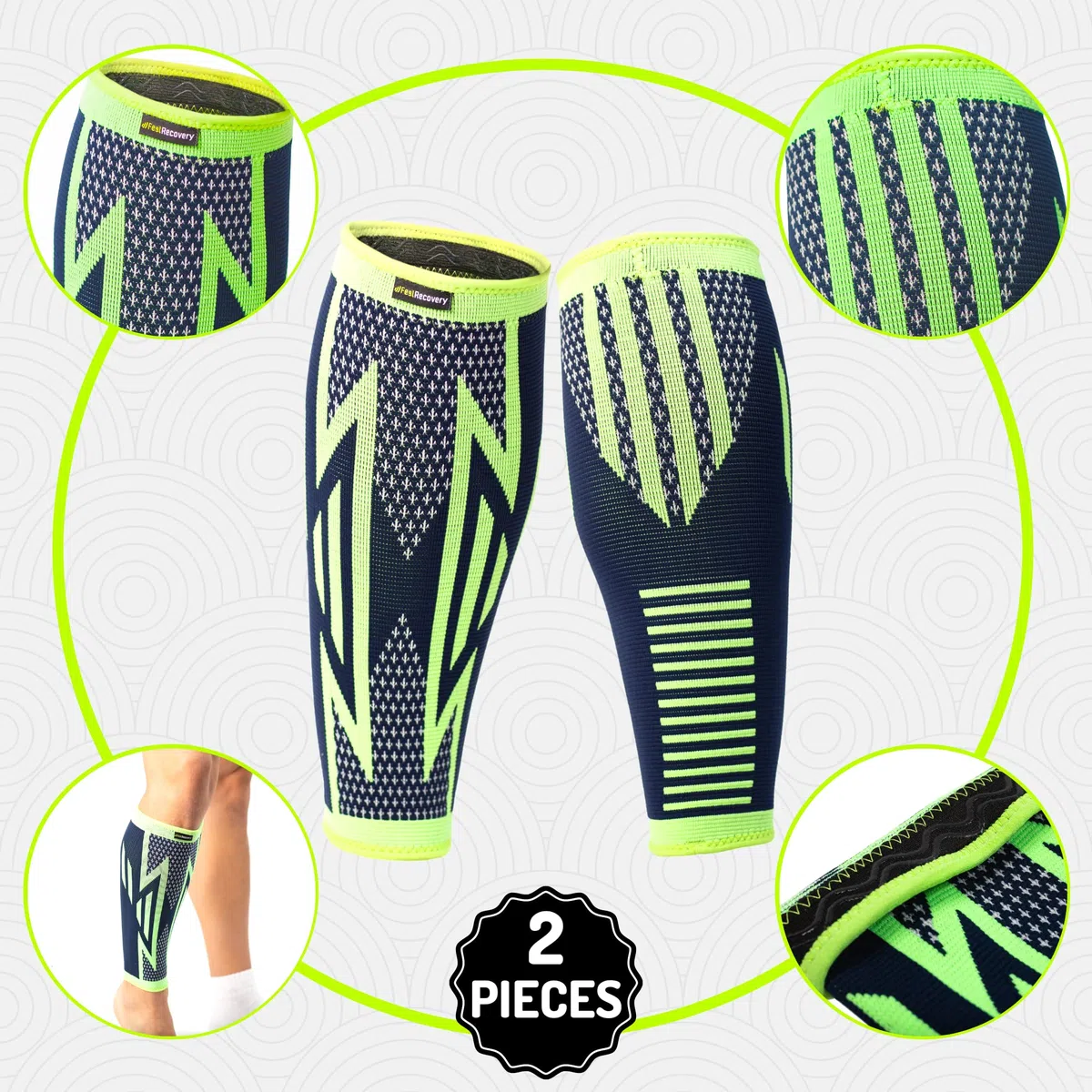 Feel Recovery 2 Fasce a Compressione Polpaccio per Uomo e Donne - Calze a Compressione Graduata e Elastiche da Corsa, Sport, Running, Ciclismo - Traspiranti e Antiscivolo