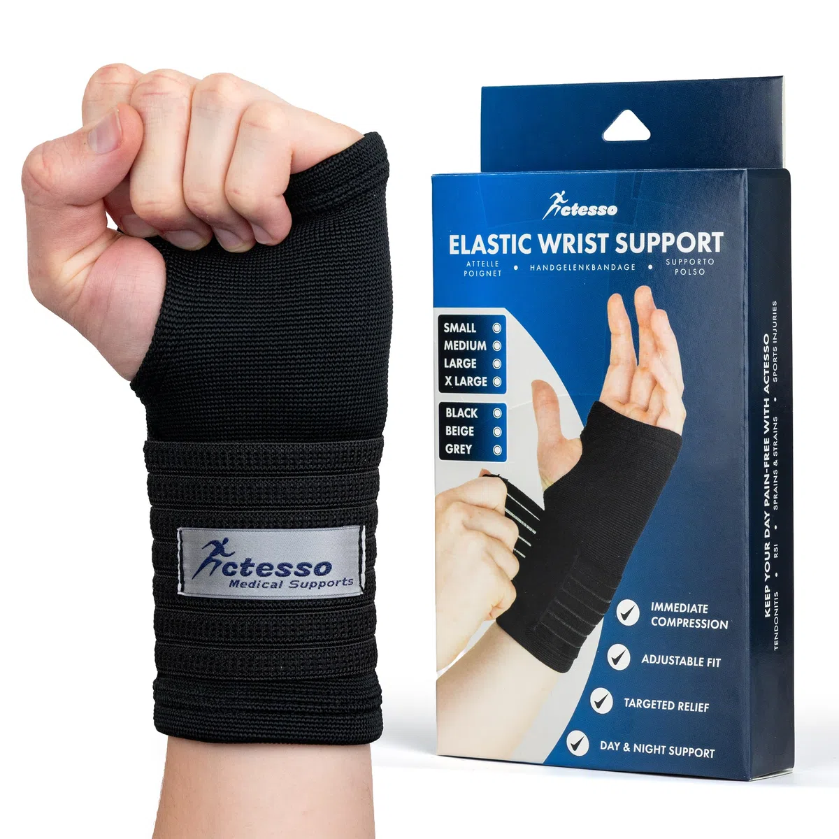 Actesso Tutore Polso Elastica con Cinturino - Supporto e Sollievo per Tendinite, Slogature, Tunnel Carpale e Lesioni Sportive - Ambidestra Fascia Polso (Nero, M)