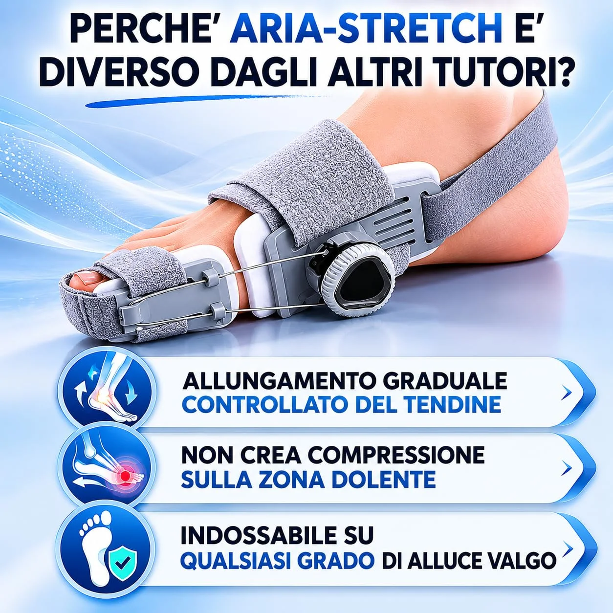 ARIAPAD STRETCH - Correttore Alluce Valgo con Stretching a Tensione Regolabile – Tutore e Divaricatore per Alluce Valgo – Separatore per Piede Destro e Sinistro – 1 Pezzo