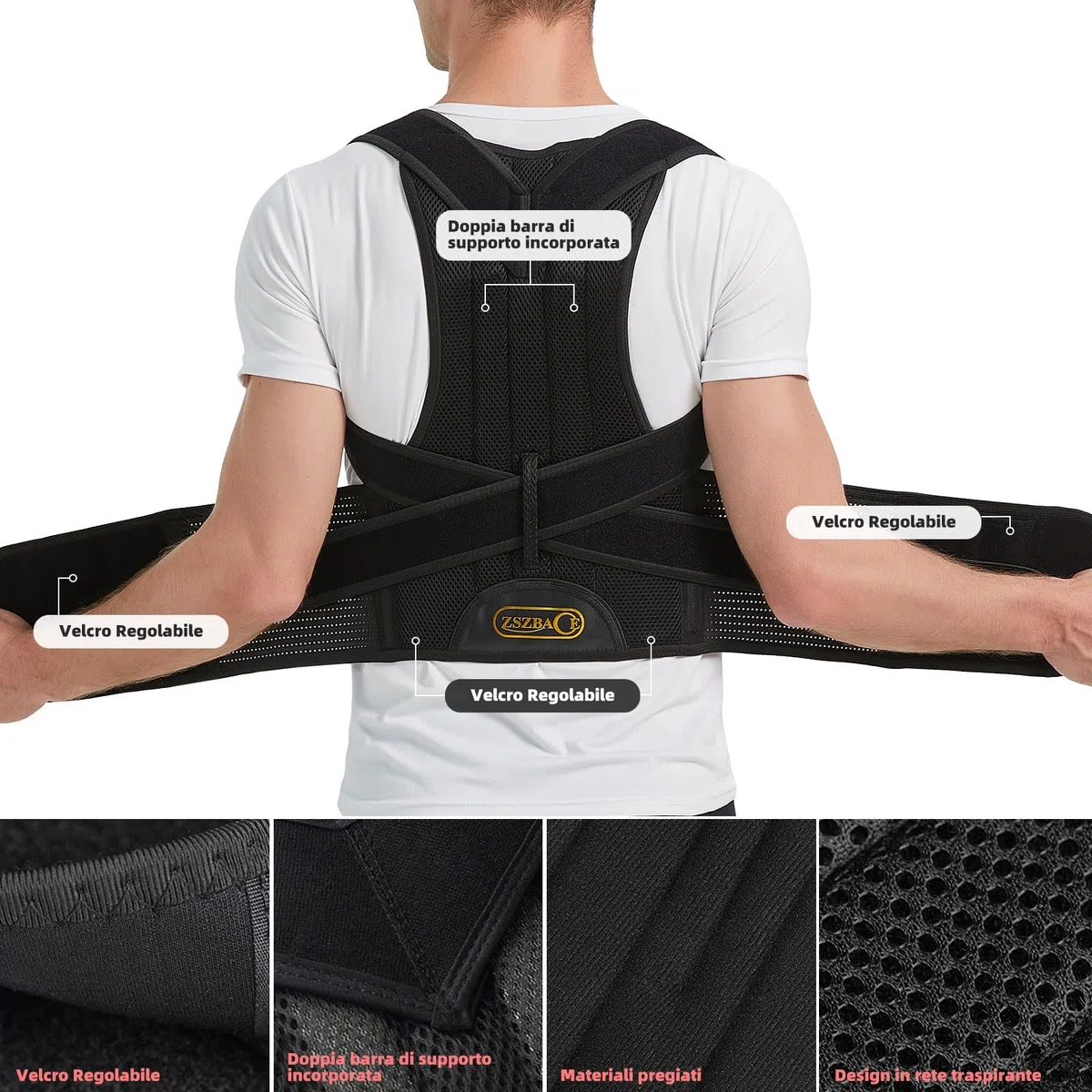 ZSZBACE Correttore Posturale Regolabile Premium, Fascia Lombare Supporto Schiena Migliora Postura Allevia Dolore Collo, Alla Schiena e Lombare per Uomo e Donna (L)