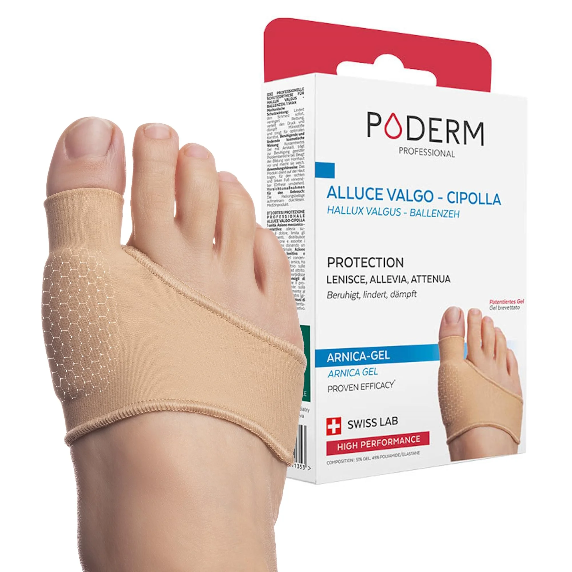 PODERM - Alluce Valgo Protezione con il Gel di Arnica Brevettata - Ortesi del Piede - Assorbimento degli urti e Sollievo Immediato dal Dolore - Principi Attivi 100% Naturali - Swiss Lab