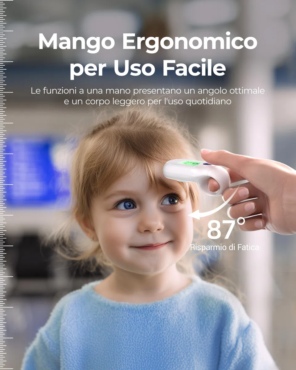 Femometer Termometro frontale per neonati, bambini e adulti, senza contatto, a infrarossi, misurazione in 1s, display a tre colori, temperatura oggetto e ambiente, portatile per viaggi, allarme febbre