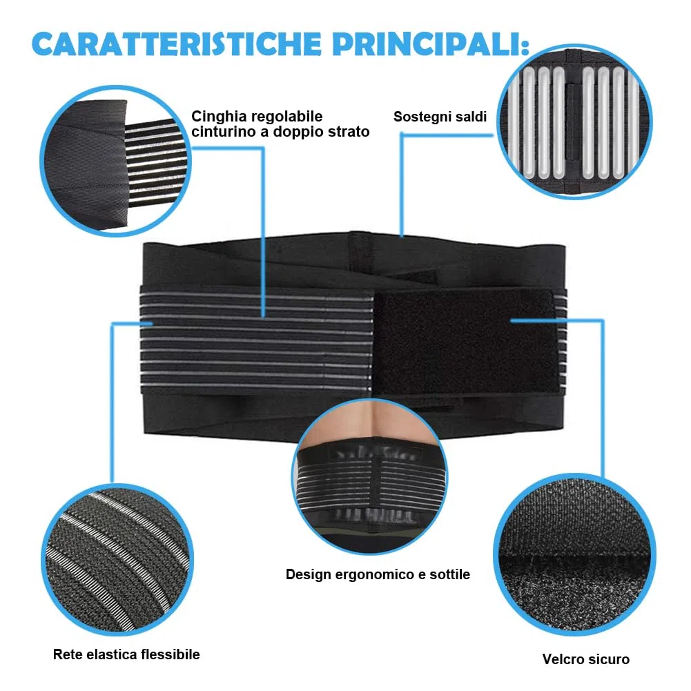 Paskyee Fascia Lombare Supporto con 6 supporti - Tutore per la schiena per alleviare il dolore da scoliosi e sciatica - Cintura di supporto lombare per uomini e donne