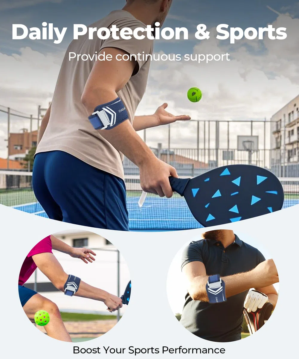 CURECARE Tutore Epicondilite Gomito - Gomitiera per Epicondilite Regolabile per Tennista e Golfista con 2 Cuscinetti Compressivi, Fascia Epicondilite Gomito per Allevia il Dolore da Tendinite, Blu